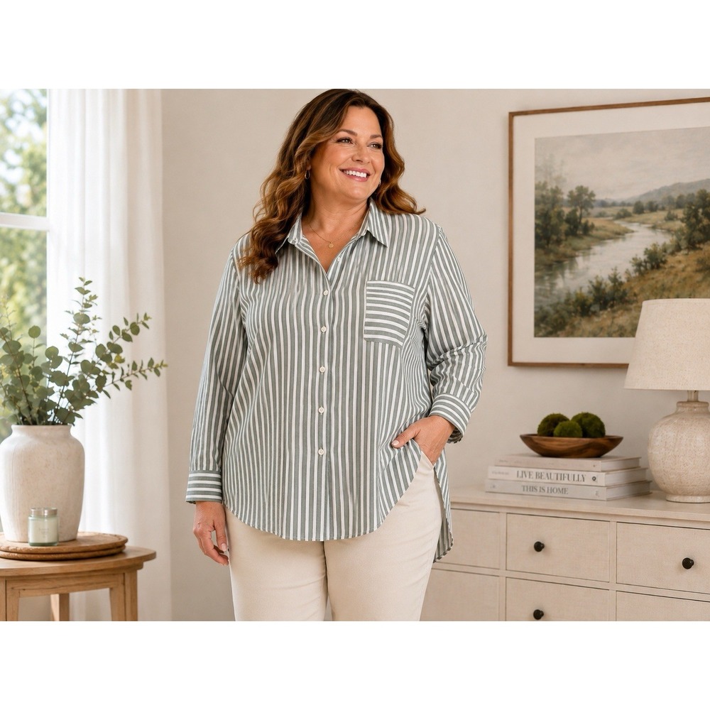 Coldwater Creek Women's Blouse 3x Button Up Long Sleeve Sage Green Stripe